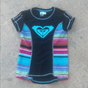 Roxy Girl Black Multicolor Striped Short Sleeve Rashguard Swim Top Girls Size 8